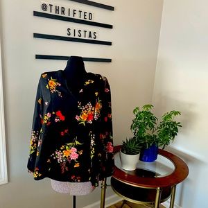 1x Silk Floral long Sleeve Peplum Blouse